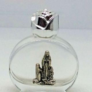 1980s Glass Holy Water Bottle Our Lady Of Lourdes Medal Silver Rose Top Vintage