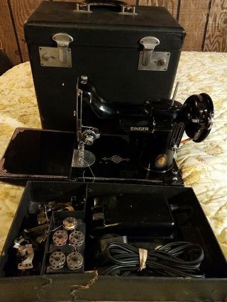 Vintage 1951 Singer 221 - 1 Featherweight Sewing Machine Portable Attachments Work