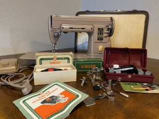 Vtg.  1955 Singer 301a Long Bed Slant Sewing Machine Case Bobbin And Attachments