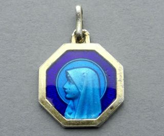 Saint Virgin Mary,  Jesus Christ.  Antique Religious Silver Pendant.  Enamel Medal.