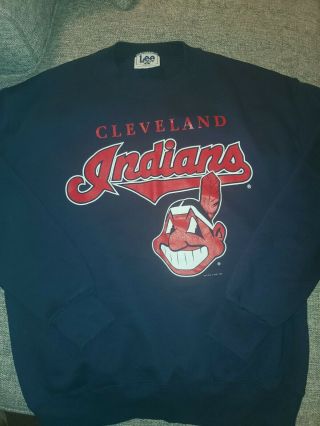 Cleveland Indians Vintage Lee Sweatshirt Chief Wahoo Logo Adult L Navy