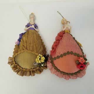 Vintage Porcelain Half - Doll Pin Cushion Boudoir Doll Dressed Hanging Pin To Wall