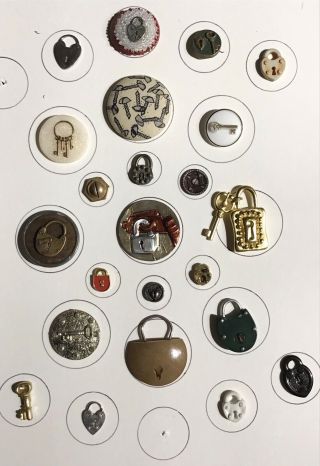 Card Of 23 Antique & Vintage Lock And Key Object Buttons