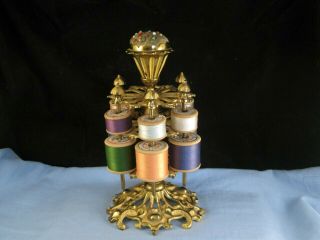 Victorian Antique Brass Pin Cushion Cotton Reel Stand Holder Sewing Shop Display