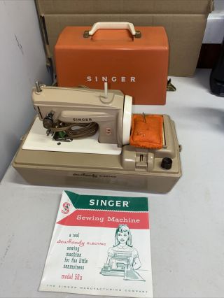 1962 Singer Sewhandy Electric Toy Childs Sewing Machine Mini Orange Model 50d
