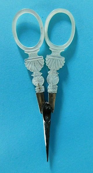 Antique Fine Mother Of Pearl Handled Sewing Scissors