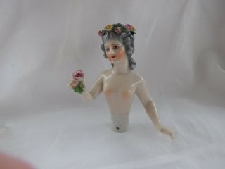 Antique Dressel & Kister Pin Cushion Half Doll - Nude Holding Pink Rose 4 3/4 "