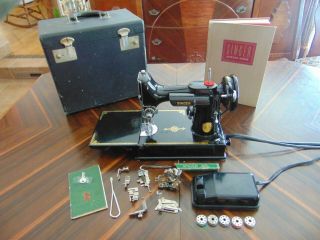 1950 Singer 221 Featherweight Sewing Machine W/case,  Attachments & Sewing Book