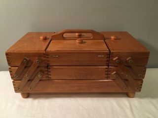 Vintage Wooden Accordion Sewing Box Large 3 Tier For Organizing Crafts Romania