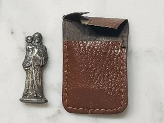 Vintage Pocket Shrine St Anthony Holding Baby Jesus Figure Metal Silver W/ Pouch