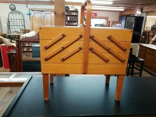 Vintage Mid Century Strommen Bruk Hamar Norway Accordian Style Wood Sewing Box
