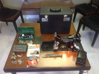 Singer 221 - 1 Featherweight Sewing Machine,  Case,  Accessories & Table