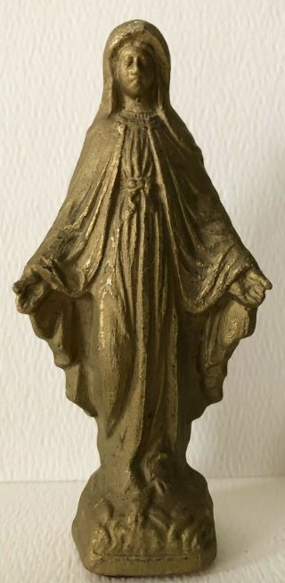 Vintage Holy Virgin Mary Religious Statue Figure Gold Finish Metal Christian