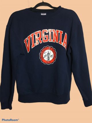 Vintage University Of Virginia Uva Navy Fleece Sweatshirt Fit Small On Soffe Tag