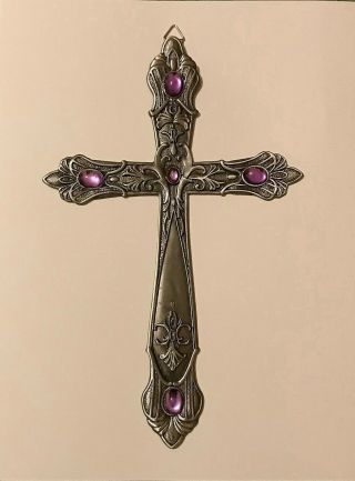 Pewter Wall Cross With Purple Stones - Size: 9.  25 X 6 Inches