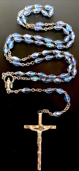 Vintage Catholic Iridescent Blue Crystal 5 Decade Rosary Silvertone Crucifix