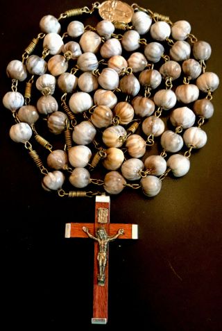 Vintage Catholic Job’s Tears 5 Decade Rosary,  Wood & Silver Tone Crucifix