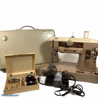 Singer Model 401a Sewing Machine W/ Case Mid - Century - Denim Leather