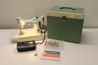 Singer Featherweight 221k Light Green White Sewing Machine W/ Case