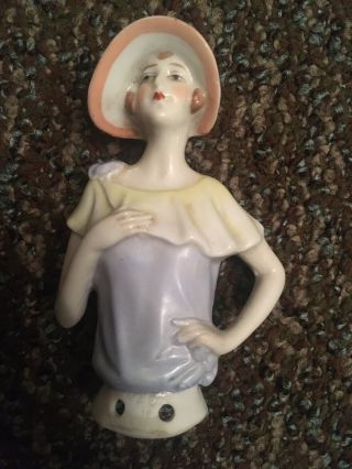 Vintage Pin Cushion Lady In Hat Half Doll Porcelain Ceramic Germany Art Deco