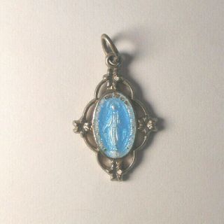 Miraculous Mary Heart Blue Enamel & Silver Filigree Religious Medal Old