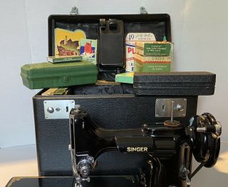 1952 Singer Featherweight,  Black Crinkle Attachment Box,  Many Accessories