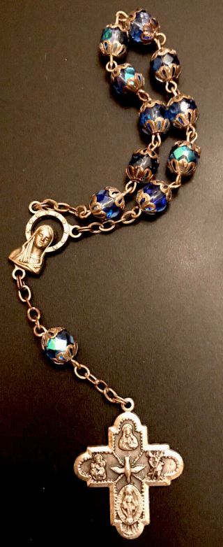 Vintage Catholic Capped Iridescent Blue Crystal Chaplet,  Silver Tone 5 Way Cross