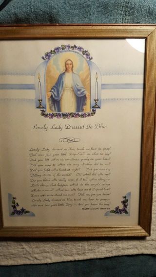 Vintage Religious Picture Framed By Mary Dixon Thayer.  Lovely Lady Dress In Blue