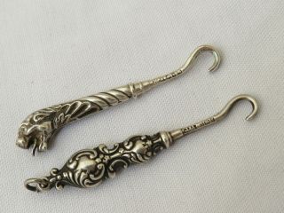 Two Small Sterling Silver Button Hooks - Adie & Lovekin 1899 - 1906 Leopard Head