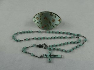Vintage Emerald Glass Round Prayer Beads Cut Out Mary Rosary Italy W/pouch