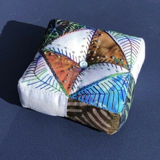 Handmade " Batik Fern " Fabric Pincushion; Benefits Feeding America