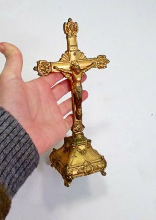 Vintage Gold Metal Catholic Standing Home Altar Gothic Crucifix Jesus On Cross