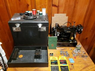 Singer 221 - 1 Featherweight Sewing Machine With Case And Attachments