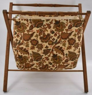 Vintage Folding Sewing Knitting Basket Cloth Bag Fabric Wood Frame Mcm