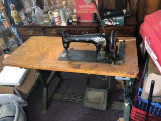 Industrial Singer Sewing Machine Table Vintage Wood Table W/ Light Model 31 - 15
