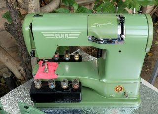 Vintage ELNA Green SUPERMATIC SEWING MACHINE w/Case with Accessories Exc 3