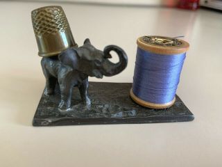 Adorable Vintage Elephant Thimble Holder,  Thread Spool Old Sewing Item Tci
