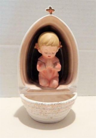 Vintage Art Japan Porcelain Holy Water Font With Praying Girl Figurine