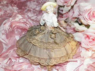 Antique Bisque Half Doll W/original Silk Skirt Pincushion 5 - 3/4 " Large Hat