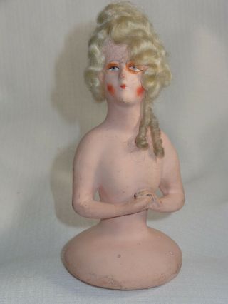 Signed Germany Composition Paper Mache Half Doll Pin Cushion Blonde