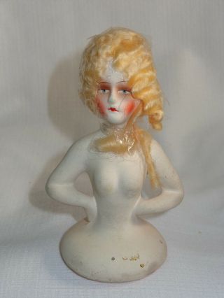 Signed Germany Composition Paper Mache Half Doll Pin Cushion Strawberry Blonde
