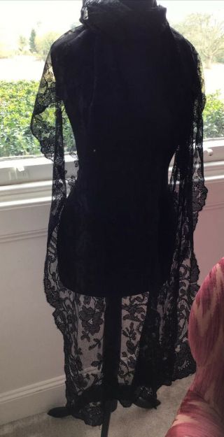 Antique Black Blonde Silk Scarf Net Stole 19th French /english 19th 276cm