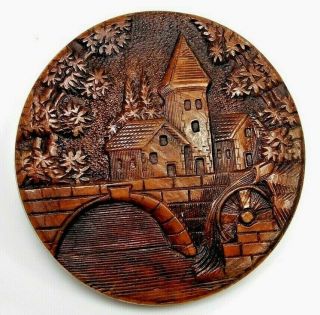 Antique Vtg Button Large Carved Wood Village & Bridge Depose Paris K3