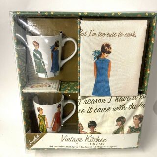 Simplicity Vintage Themed Kitchen Set With Half Apron Mugs Tea Towel Magnets