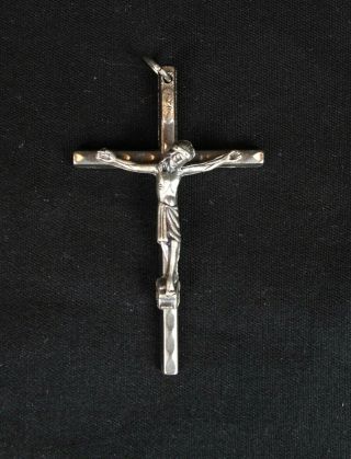 Vintage Mid C Italian Crucifix Pendant Silver Tone Metal Holy Cross Catholic