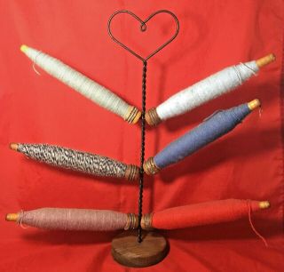 6 Vintage Wooden Yarn Thread Spool Spindles Wood Bobbins 9 ",  Metal Heart Holder