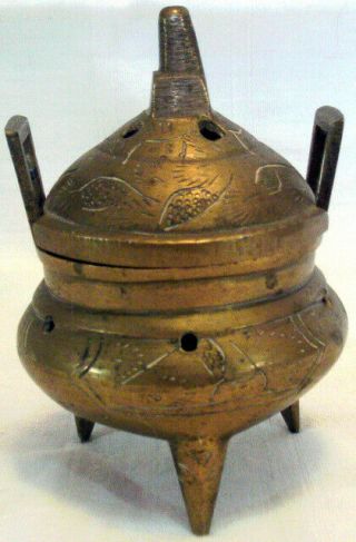 Vintage Small Brass Censer Incense Burner Chinese Etched Marked