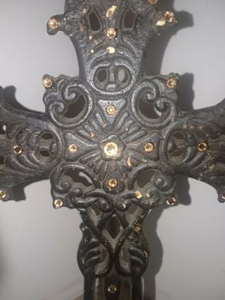 Heavy Cast Iron Rustic Cross jeweled w amber stones - Table - Shelf - Mantle 10”x6” 2