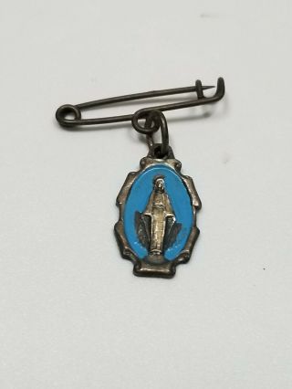 Antique Mother Mary Sacred Heart Pendant Medal Small Pin W/ A Blue Enamel