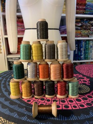 17 Wooden Spools Of Vintage 100 Silk Colorful Thread